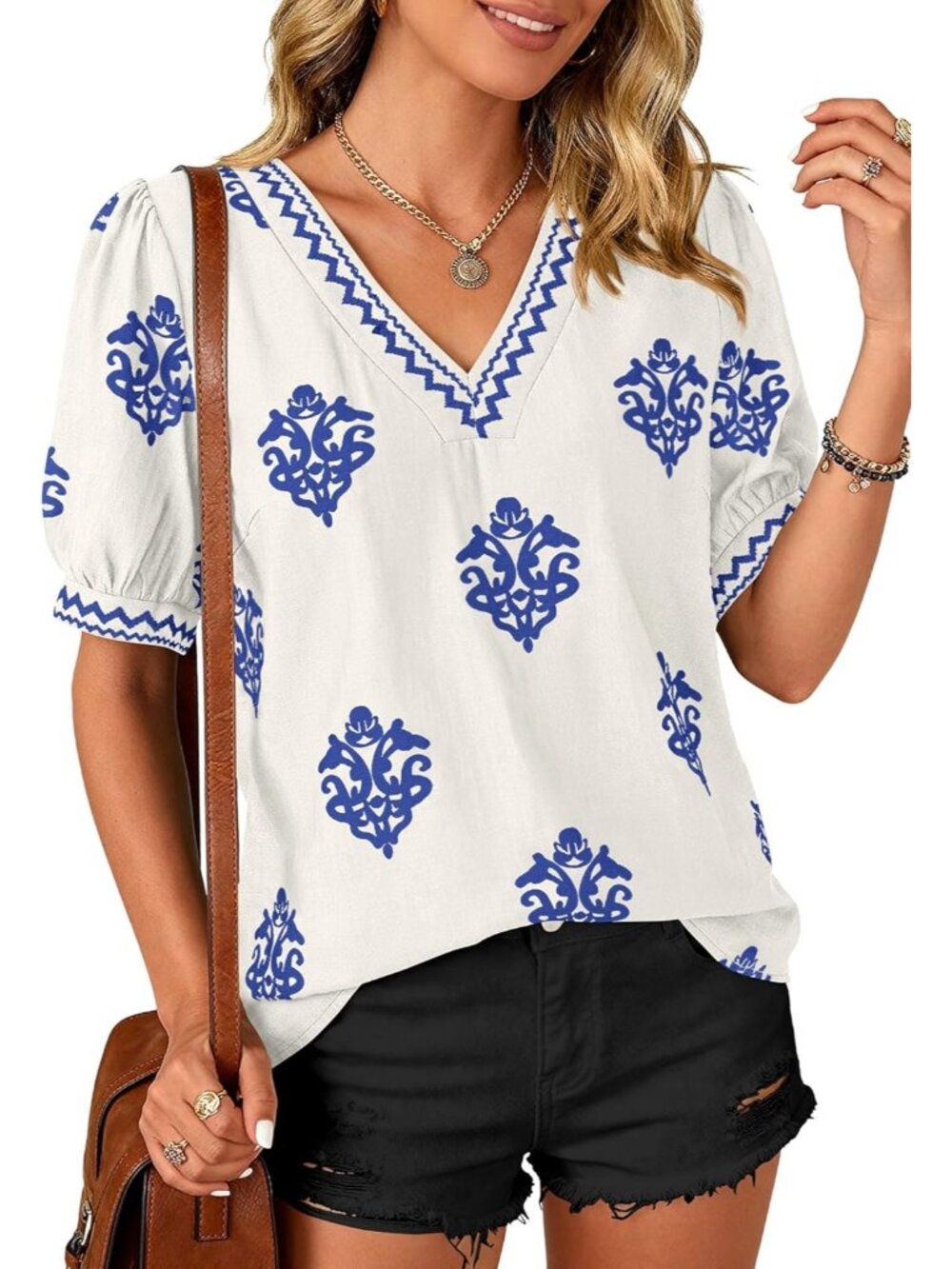 Women's Apricot Blue Flower Short Sleeves V Neck Boho Blouses Beach T Shirts